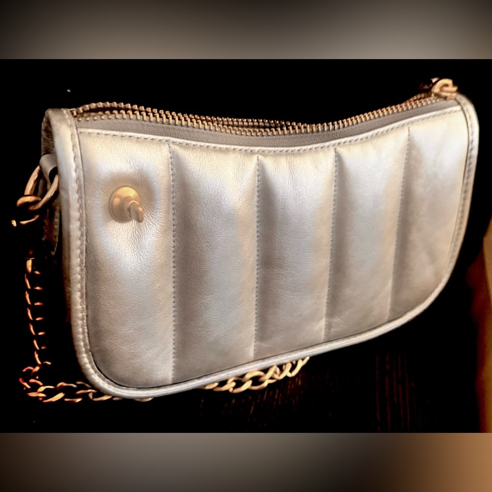Coach Swinger 20 Metallic Silver Clutch with Gold Chain - Picture 9 of 9